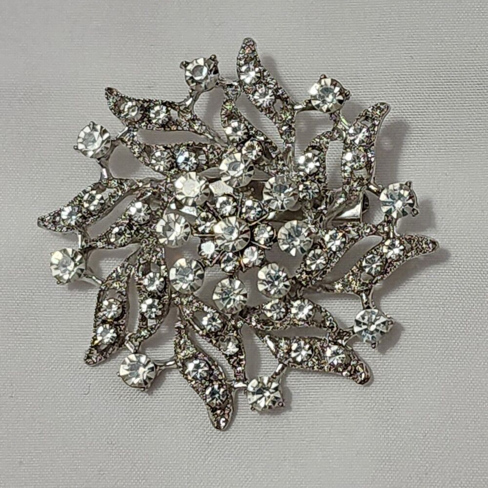 Rhinestone Silvertone Brooch Swirled Flower Pin C Clasp Vintage Clear Stones 2"